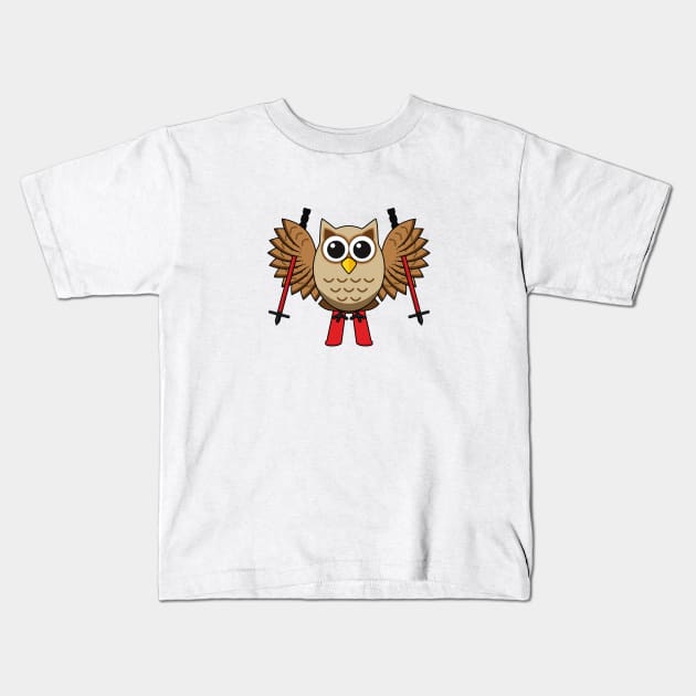 Cute Owl Skiing Cartoon Kids T-Shirt by BirdAtWork